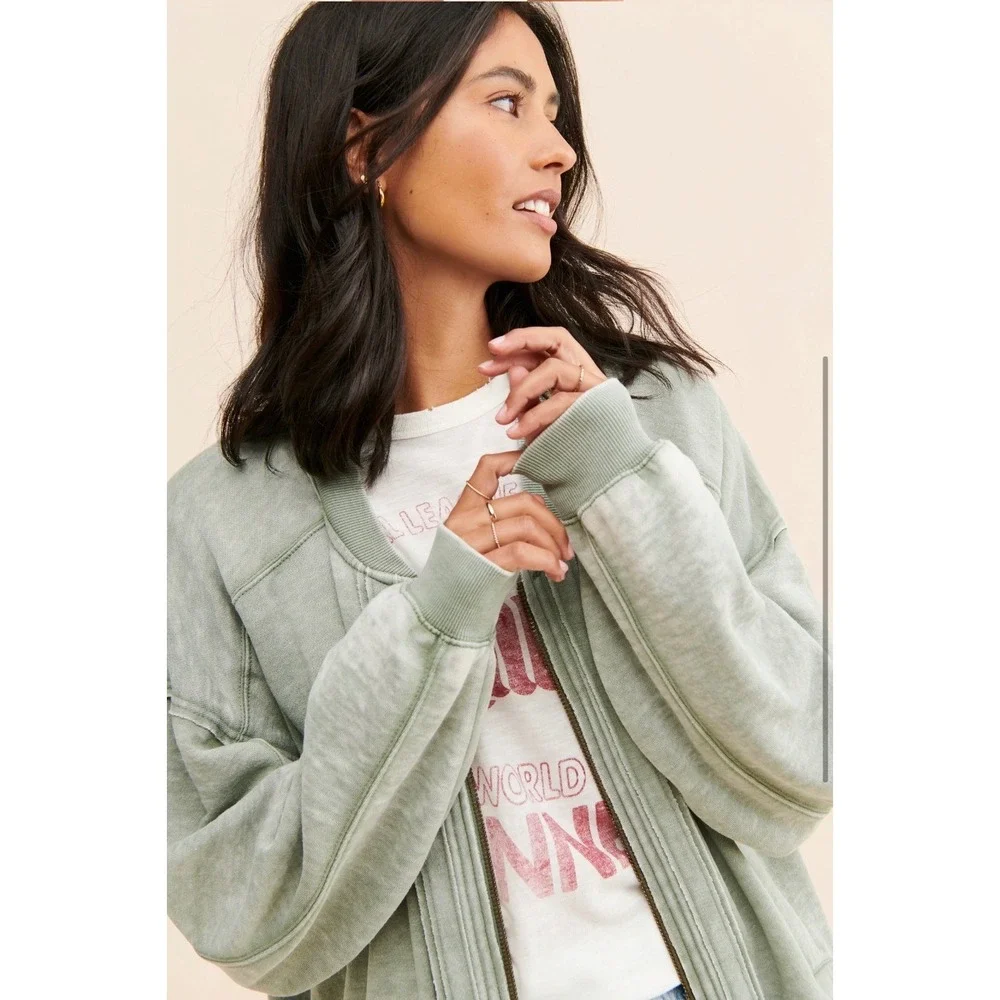 Free People Robby Bomber Jacket Washed Army Green Acid Wash Fleece Small